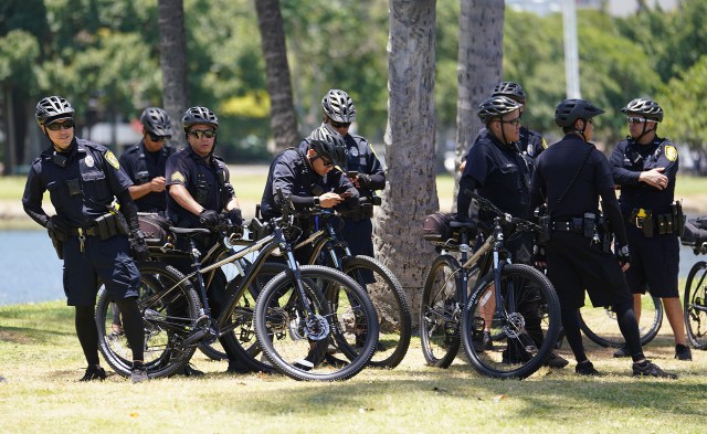 HPD officers on bicycles gather before the Black Lives matter Peaceful Protest held at Ala Moana to the Duke Kahanmoku Statue. June 5, 2020
