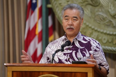 Governor David Ige gestures during press conference announcing interisland flights to reopen tomorrow. June 15, 2020