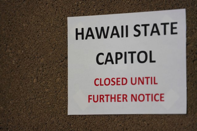 HAWAII STATE CAPITOL CLOSED sign near the Rotunda elevators during COVID-19 pandemic. June 22, 2020