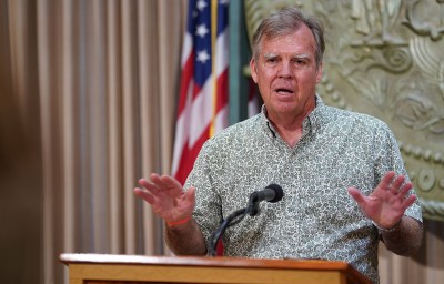Department of Health Director Dr. Bruce Anderson gestures during a press conference announcing a spike of 41 new cases of COVID-19. July 7, 2020