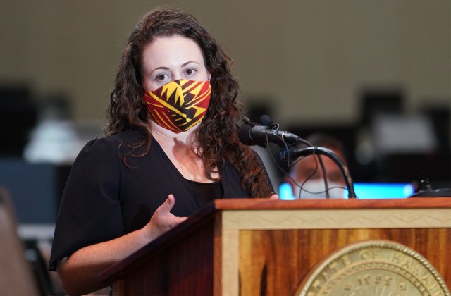 Department of Health Investigations branch chief Emily Roberson speaks during contact tracing press conference held at the Hawaii Convention Center. August 19, 2020