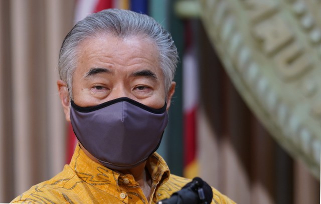 Masked Governor David Ige during joint press conference with Mayors from maui and Kauai counties during COVID-19 pandemic. August 20, 2020