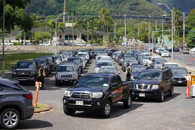 Cars backed up at Kaneohe District Park during COVID-19 surge testing. August 26, 2020