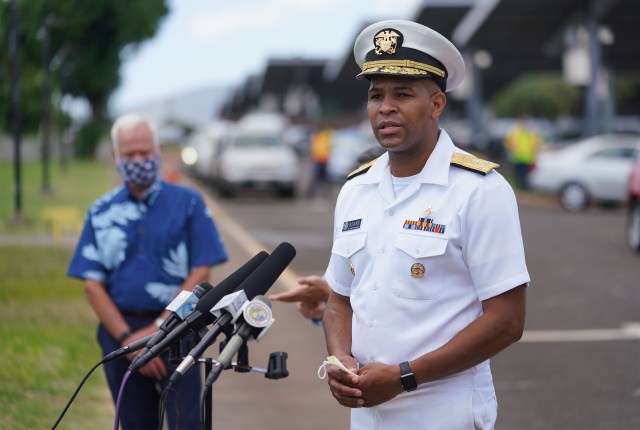 Vice Admiral Jerome Adams, US Surgeon General and Mayor Kirk Caldwell during COVID-19 surge testing press conference held at Leeward Community College. August 26, 2020