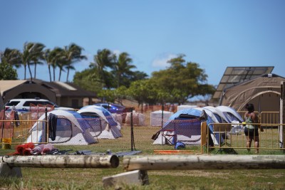 Tents and portable toilets at Keehi Lagoon Beach Park where COVID-19 quarantine patients are being housed. September 17, 2020
