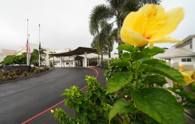 Hibiscus flowers grow near the entrance of the Yukio Okutsu Veterans Home located on the island of Hawaii. Scores of residents of the home have been killed by a surge in COVID-19 cases. September 24, 2020
