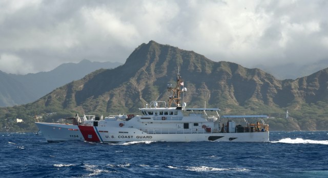 The U.S. Coast Guard Cutter William Hart (WPC 1134) passes by Diamond Head on its way to its homeport in Honolulu Aug. 17, 2019. William Hart is the last of the three fast-response cutters (FRCs) to be stationed in Hawaii. Three more are scheduled to be homeported in Guam, increasing the Coast Guard 14th District’s total number of FRCs to six. (U.S. Coast Guard photo by Chief Petty Officer Sherri Eng/Released)