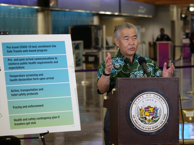 Hawaii Govenor David Ige gestures as he gives a media briefing Tuesday, Oct. 7, 2020 in Honolulu, HI. The briefing was held to unveil new COVID-19 safety measures the state plans to implement upon re-opening to travelers on October 15th. (Ronen Zilberman photo Civil Beat)