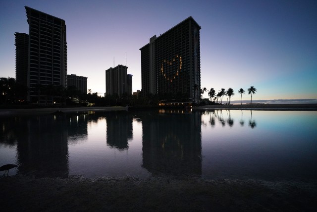 Heart symbol with lights at the Hilton Hawaiian Village Rainbow Tower during COVID-19 pandemic. October 1, 2020