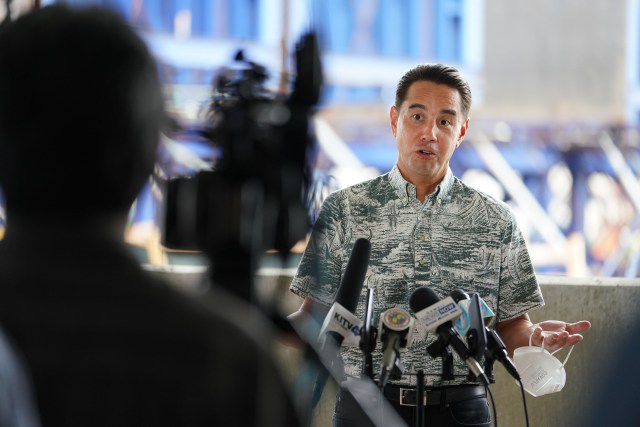 Honolulu City council member Joey Manahan speaks at Mayor Caldwell’s rail plan press conference held at the Daniel K. Inouye International Airport parking garage.