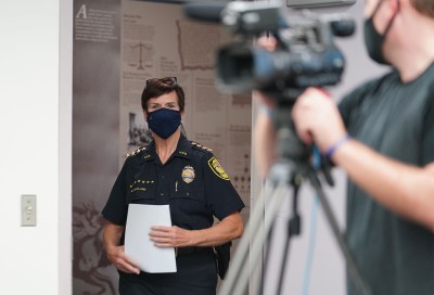 HPD Police Chief Susan Ballard walks into conference room before discussing CRU shooting death of a suspect at Ahuimanu today. December 28. 2020