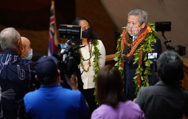 House Speaker Scott Saiki and Representative Della Au Bellatti speak to media after opening day of the legislature.