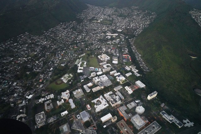 Aerial view of the University of Hawaii at Manoa campus. (bottom of frame).