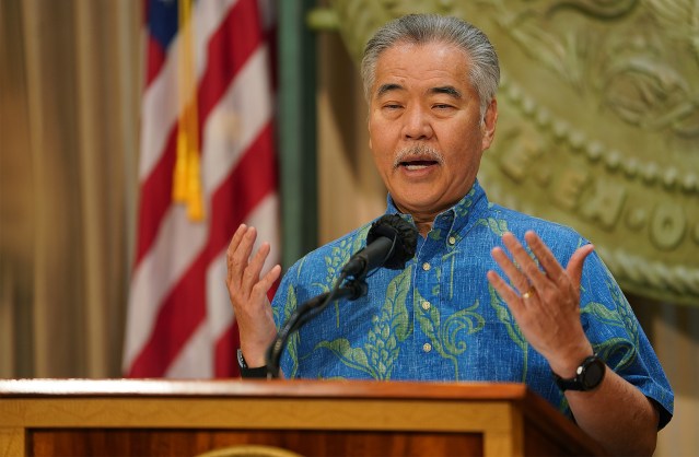 Governor David Ige gestures during press conference answering teleconferenced reporters questions. February 9, 2021