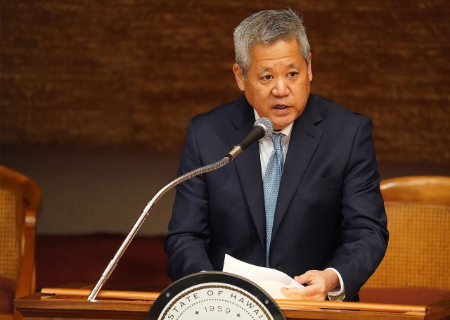 House Speaker Scott Saiki speaks during brief session on a speech that was intended for opening day. February 2, 2021