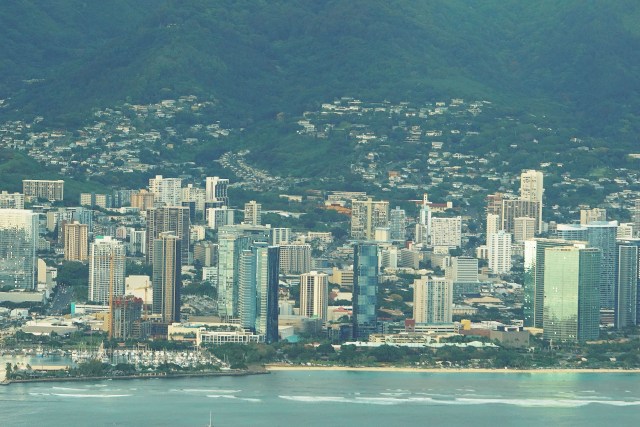 Downtown Honolulu with right, Ala Moana Beach Park and Kakaako.