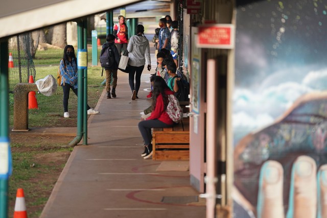 Lanai High and Elementary School students walk to classes in the morning before the starting bell rings.