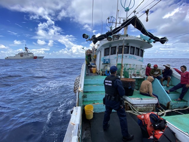 While patrolling approximately 3,600 miles in the Philippine Sea, the Coast Guard Cutter Kimball’s law enforcement team conducted its first ever at-sea boarding, Feb. 10, 2021. As part of Operation Blue Pacific, the crew of the Kimball deployed in support of national security goals of stability and security throughout the Indo-Pacific. (U.S. Coast Guard photo courtesy of the Coast Guard Cutter Kimball/Released)
