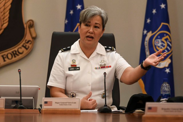 U.S. Navy Maj. Gen. Suzy Vares-Lum, U.S. Indo-Pacific Command mobilization assistant to the commander, speaks during Pacific Air Forces’ first Women’s, Peace, and Security (WPS) symposium, hosted from Joint Base Pearl Harbor-Hickam, Hawaii, March 31, 2021. Vares-Lum provided remarks about operationalizing WPS in the defense sector. (U.S. Air Force photo by Tech. Sgt. Nick Wilson)
