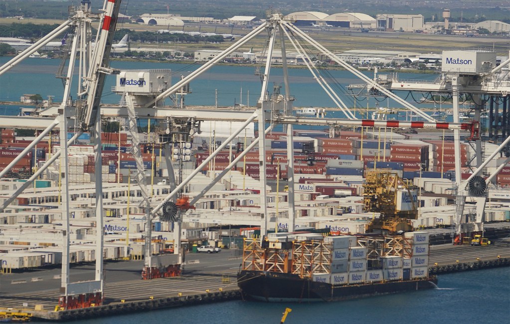 Matson container barge at Honolulu Harbor.