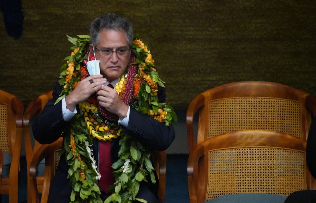 Senator J. Kalani English sits near the Senate President on the last day of the 2021 legislative session. April 29. 2021
