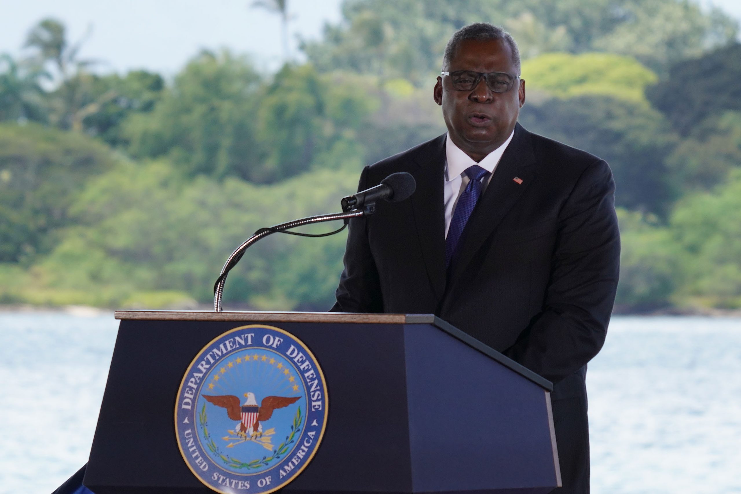 US Secretary of Defense Lloyd Austin III speaks during the Indo-Pacific Command change of command ceremony held at Pearl Harbor.