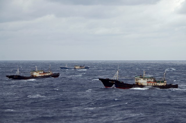 (Oct. 8, 2007) ONBOARD THE USCGC BOUTWELL - Boarding teams, from the U.S. Coast Guard Cutter Boutwell, boarded the Fishing Vessels Lu Rong Yu 6105, 2660 and 2659. The boarding team quickly determined that all the vessels were rigged for high-seas drift net fishing and is currently escorting the vessels back into Chinese custody. The Boutwell is currently deployed as U.S. Coast Guard representatives in the North Pacific Coast Guard Forum (NPCGF). This forum was developed to combat illegal fishing and increase international maritime safety and security on the Northern Pacific Ocean and its borders. (Coast Guard photo by Petty Officer Jonathan R. Cilley)