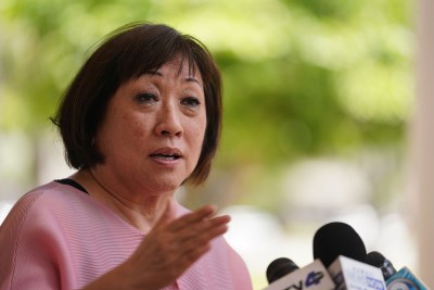 HART Board nominee Colleen Hanabusa answers media questions.