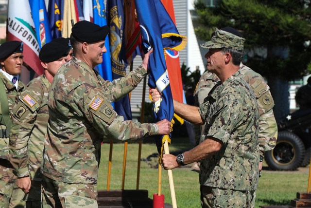 Gen. Charles A. Flynn, incoming U.S. Army Pacific commanding general, receives the command’s colors and assumes command of USARPAC from U.S. Navy Adm. John Aquilino, the commander of U.S Indo-Pacific Command, at a change of command ceremony June 4, 2021, at Ft. Shafter, Hawaii. Flynn assumed command from Gen. Paul J. LaCamera, who served as the USARPAC commander since November 2019. (U.S. Army Photo by Staff Sgt. Jennifer A. Delaney)