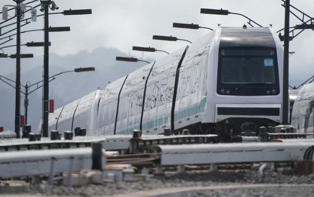 HART rail cars at the Rail Operations Center (ROC) located in Waipahu next to the Leeward Community College.