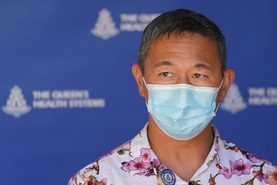 Queen’s Medical Center President Jason C. Chang speaks to media about recent surge in COVID-19 cases. July 30, 2021