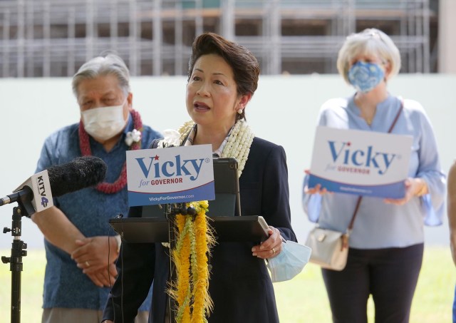 Hawaii’s former First Lady Vicky Cayetano during News conference at Hawai‘i State Capitol grounds on Monday August 30, 2021. Ronen Zilberman Civil Beat.