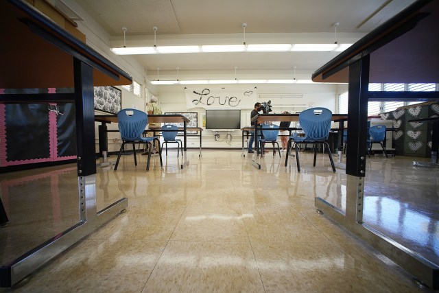 Prince David Kawananakoa Middle School 6th grade teacher Corrie Izumoto’s classroom with physically distanced desks.