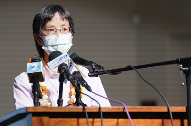 Department of Health Director Elizabeth Char speaks during press conference held at Prince David Kawananakoa Middle School.