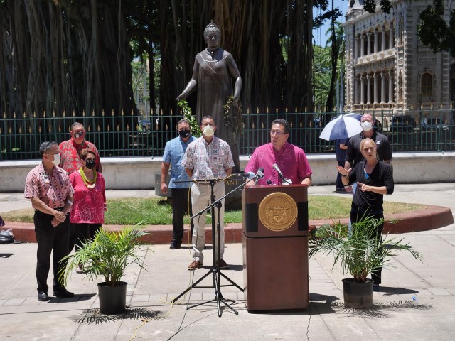 Hawai'i Senator Jarrett Keohokalole speaks during a press conference held at the state capitol in Honolulu, Thursday, August 26, 2021. Hawaiian community leaders came together to urge native Hawaiians to take action in protecting themselves and others against COVID-19. (Ronen Zilberman photo Civil Beat)