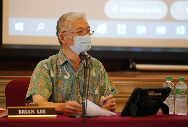 Chair of the Planning Commission Brian Lee has a public hearing held at the Mission Memorial building.