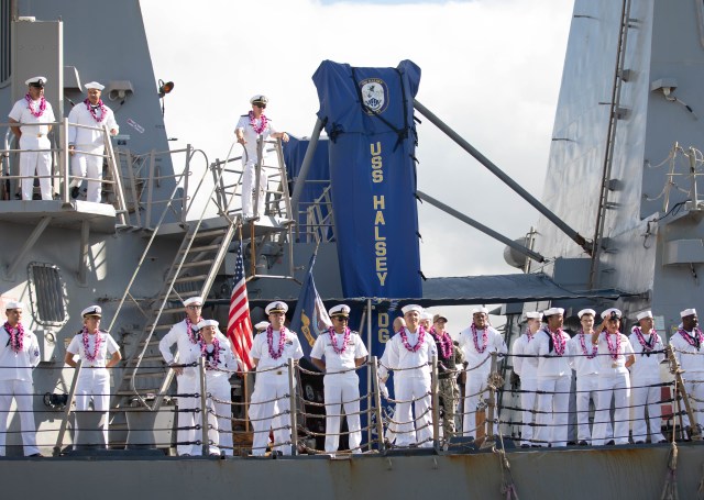 211004-N-MH811-1014PEARL HARBOR (Oct. 4, 2021) - Arleigh Burke-class guided-missile destroyer USS Halsey (DDG 97) returns to Joint Base Pearl Harbor-Hickam following a 5 month deployment to the U.S. 5th and 7th Fleet areas of operation. (U.S. Navy photo by Mass Communication Specialist 3rd Class Molly Crawford)