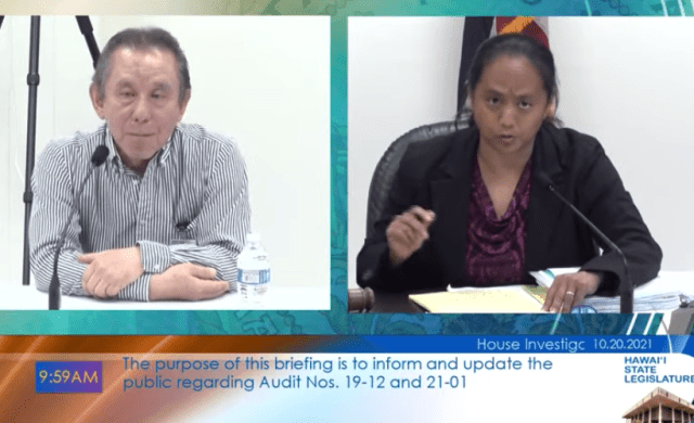 A screen shot of Wednesday House hearing featuring Ron Shiigi and Della Au Belatti.