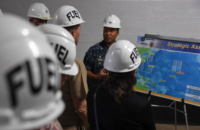 Capt. Ken Epps, commanding officer of Naval Facilities Engineering Command, center, briefed a tour group during a 2017 visit to the Red Hill Bulk Fuel Facility near Pearl Harbor.