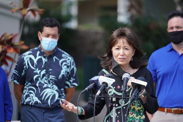 Senator Donna Mercado Kim speaks to media on the topic of the Red Hill water petroleum issue held outside the HSTA headquarters building.