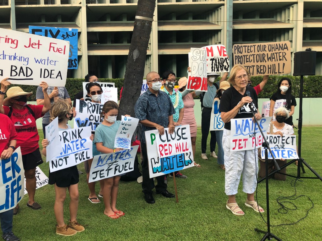 Residents and activists protested the continued use of the Navy's Red Hill fuel tanks in November 2021. Pictured: Ann Wright with Veterans for Peace.