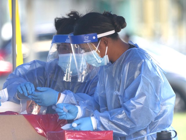 Medical technicians prepare COVID-19 tests, for sending to labs, at the Blaisdell drive-through testing site in Honolulu, Monday, December 27, 2021. (Ronen Zilberman photo Civil Beat)