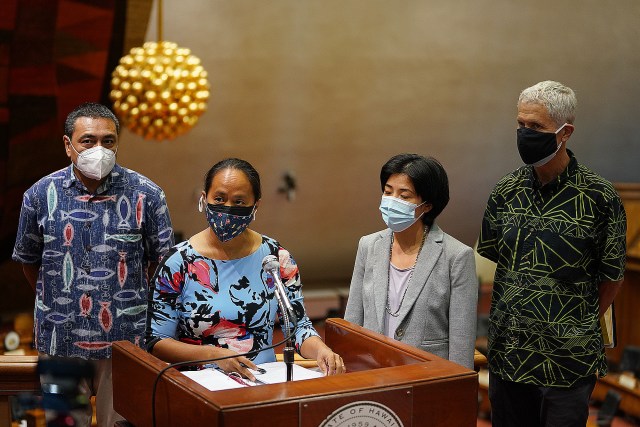 Representatiive Mark Hashem, Chair Della Au Belatti, Linda Ichiyama and right, Rep David Tarnas Capitol