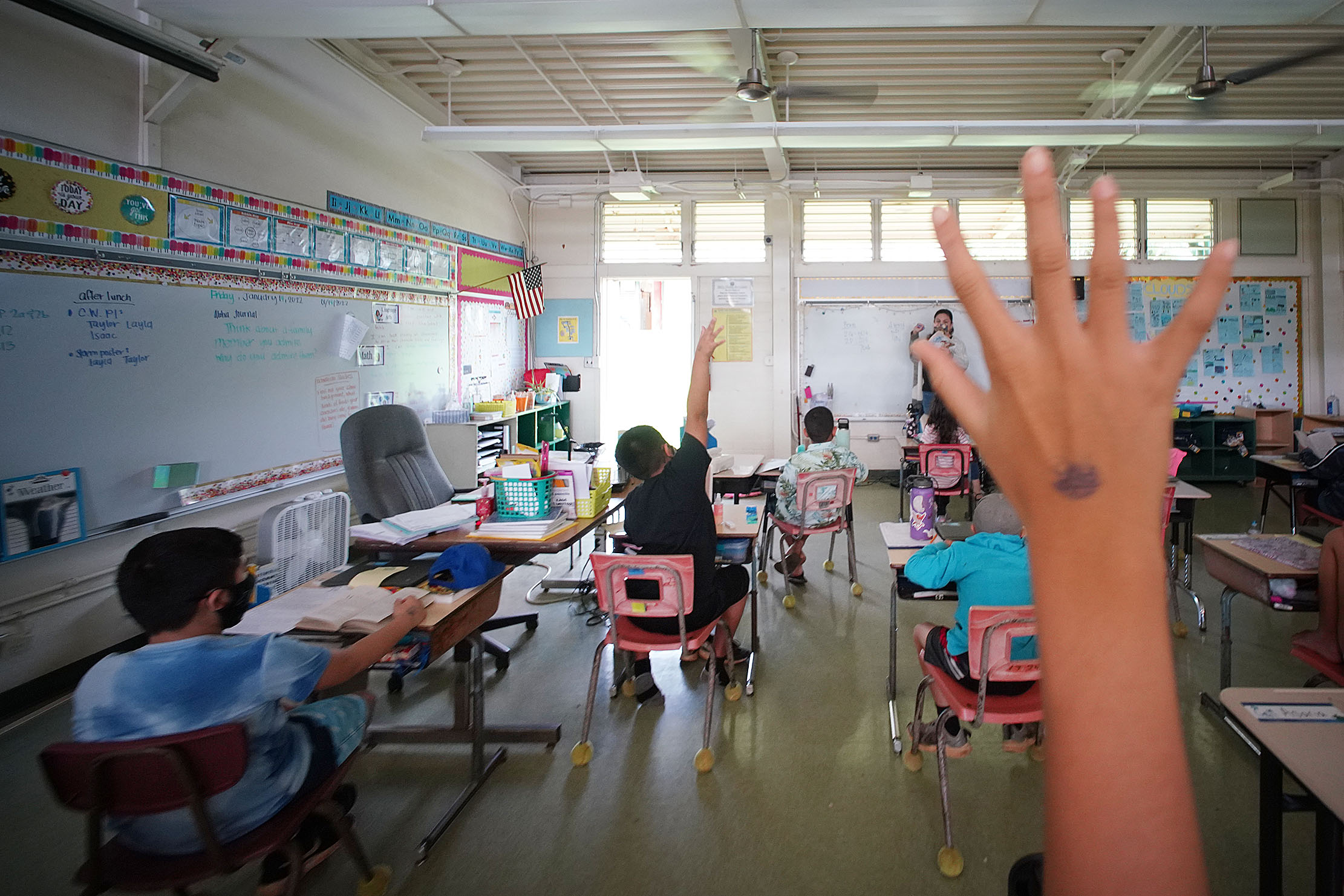 Third grade student raises their hand in Kaneohe Elementary School 3rd grade substitute teacher Angela Isaacson's class as she asked questions to her class.