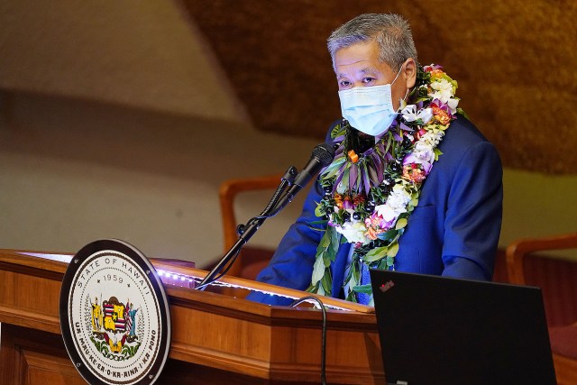 Speaker Scott Saiki addresses colleagues on the opening day of the 2022 legislative session.