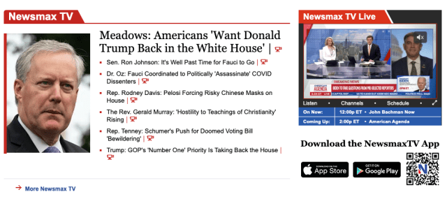 A screen shot from the Newsmax website Jan. 19, 2022.