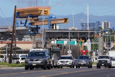 Rail guideway construction near the OCCC Oahu Community Correctional Center.