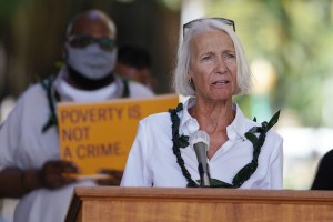 Prison jail demonstration held at the Capitol Rotunda with speaker Lorenn Walker from the Hawaii Friends of Restorative Justice.