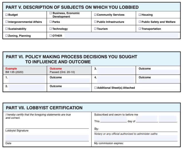 A excerpt from the City and County of Honolulu's annual disclosure form for lobbyists.