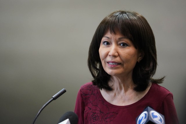 Senator Donna Mercado Kim speaks to media about the recent news about the closure of the Red Hill fuel facility at the Capitol.